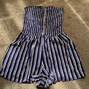 blue and white striped romper.